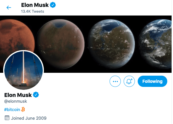 Elon Musk adds #Bitcoin to Twitter Profile 