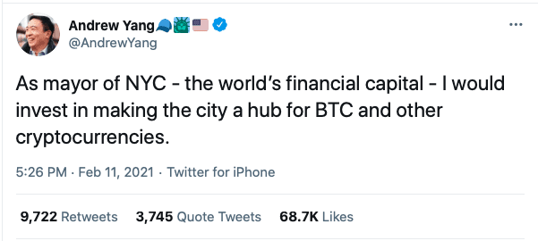 Andrew Yang tweets about New York becoming a Crypto hub