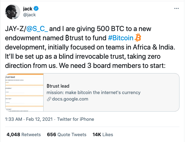 Jack Dorsey tweets about Bitcoin fund starting with Jay-Z