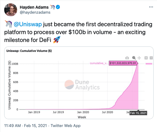 Uniswap tweet about going over $100 billion in volume