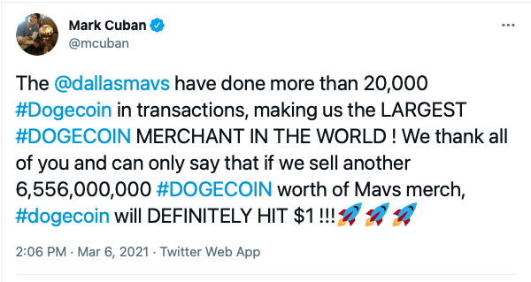 Mark Cuban believes Dogecoin will reach $1 USD