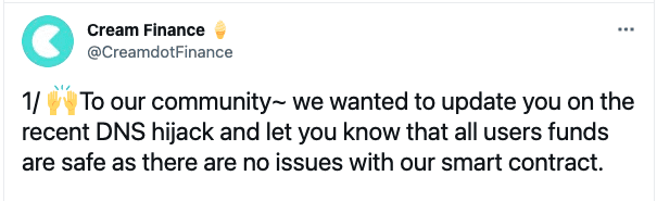 Cream finance tweet