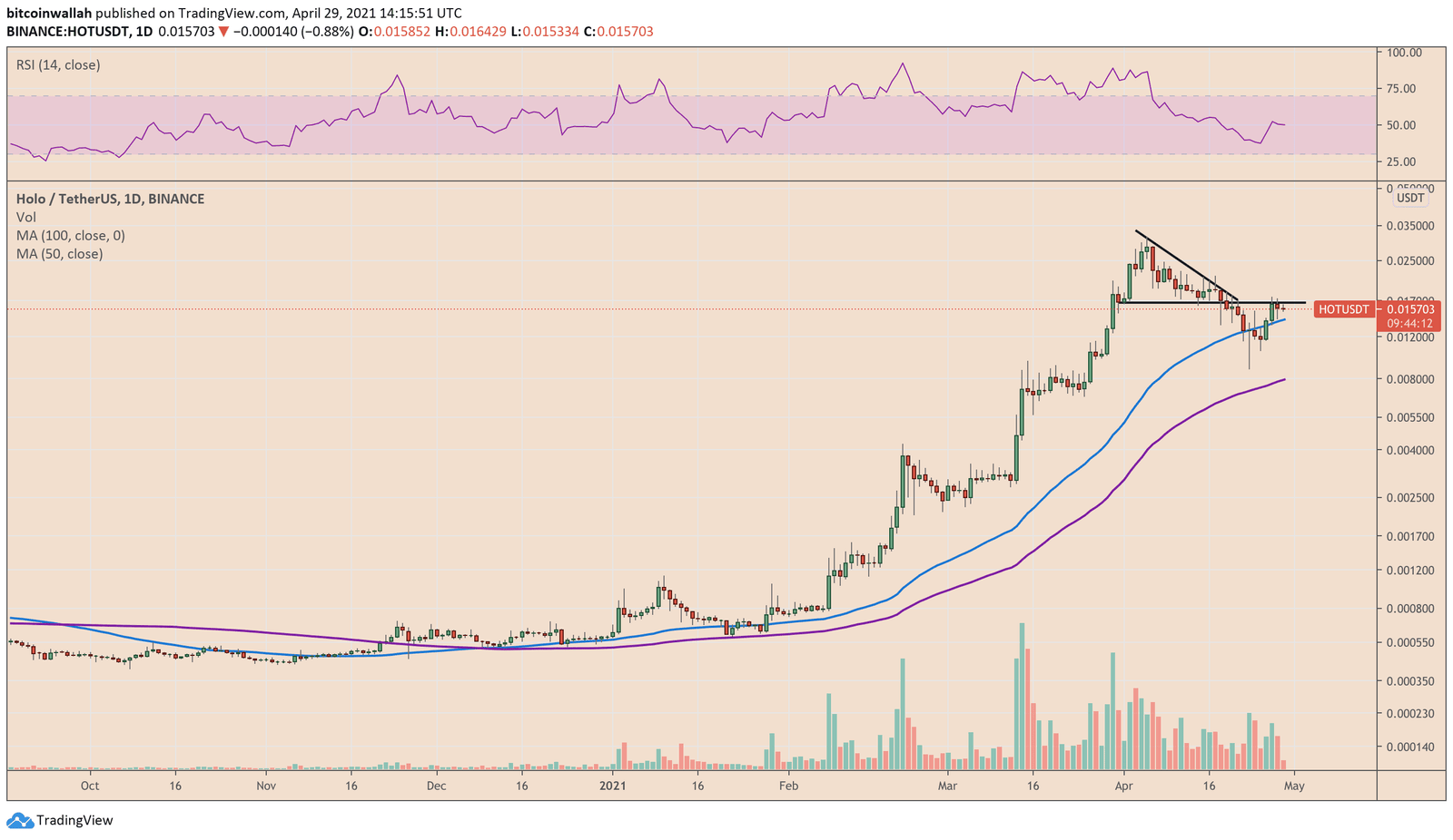Holo is attempting to reclaim its Descending Triangle support. Source: HOLOUSDT on TradingView.com