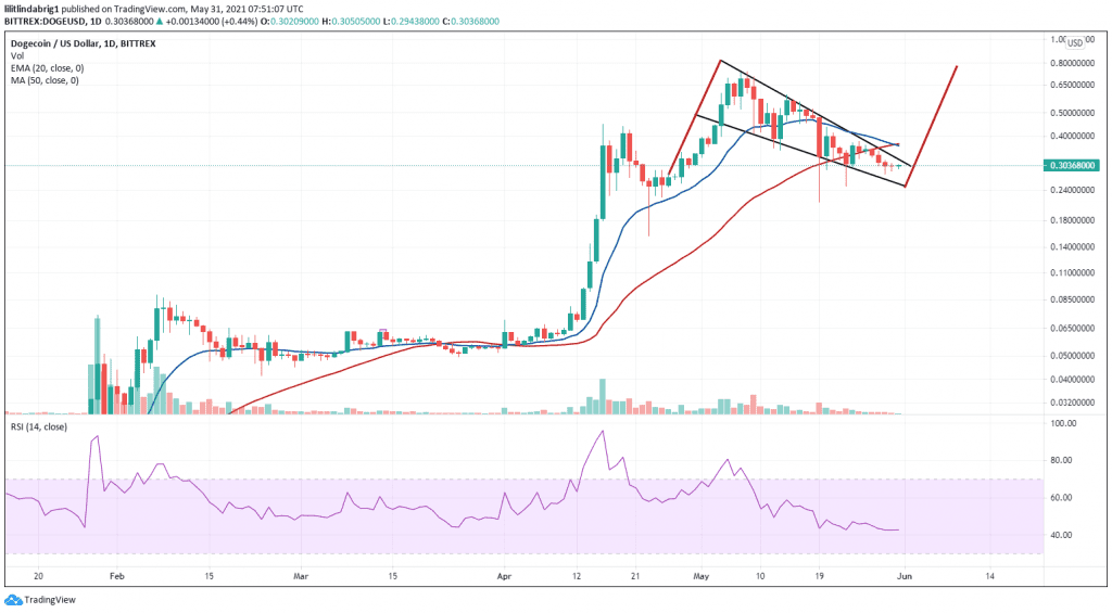 Dogecoin on the verge of gains, according to the falling wedge pattern. Source: DOGEUSD on TradingView.com