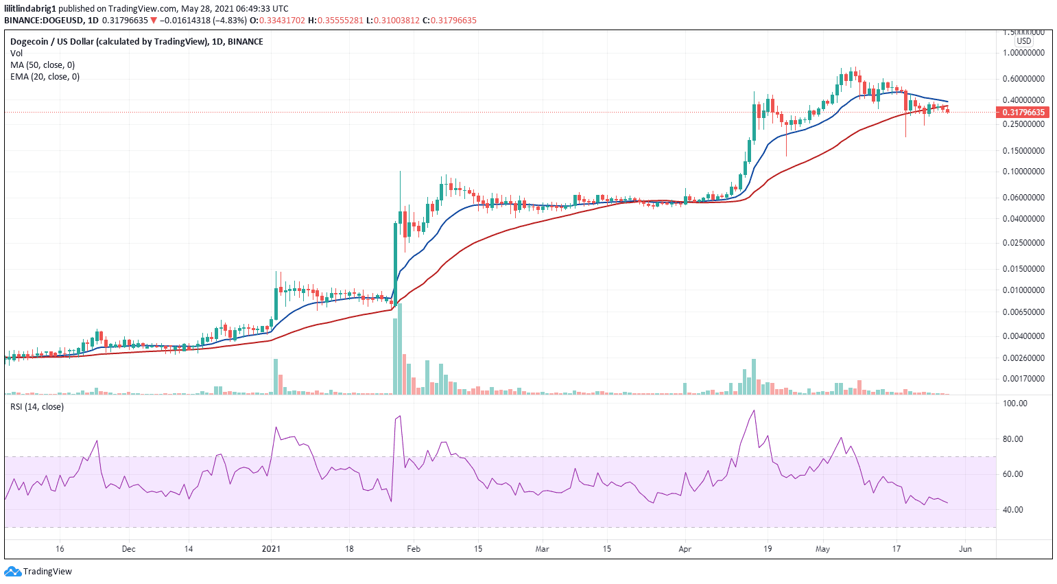 Doge consolidating at $0.31. Source: DOGEUSD on TradingView.com