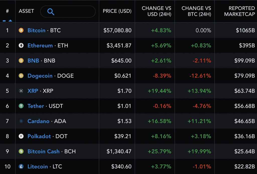 Performance of the top ten crypto assets