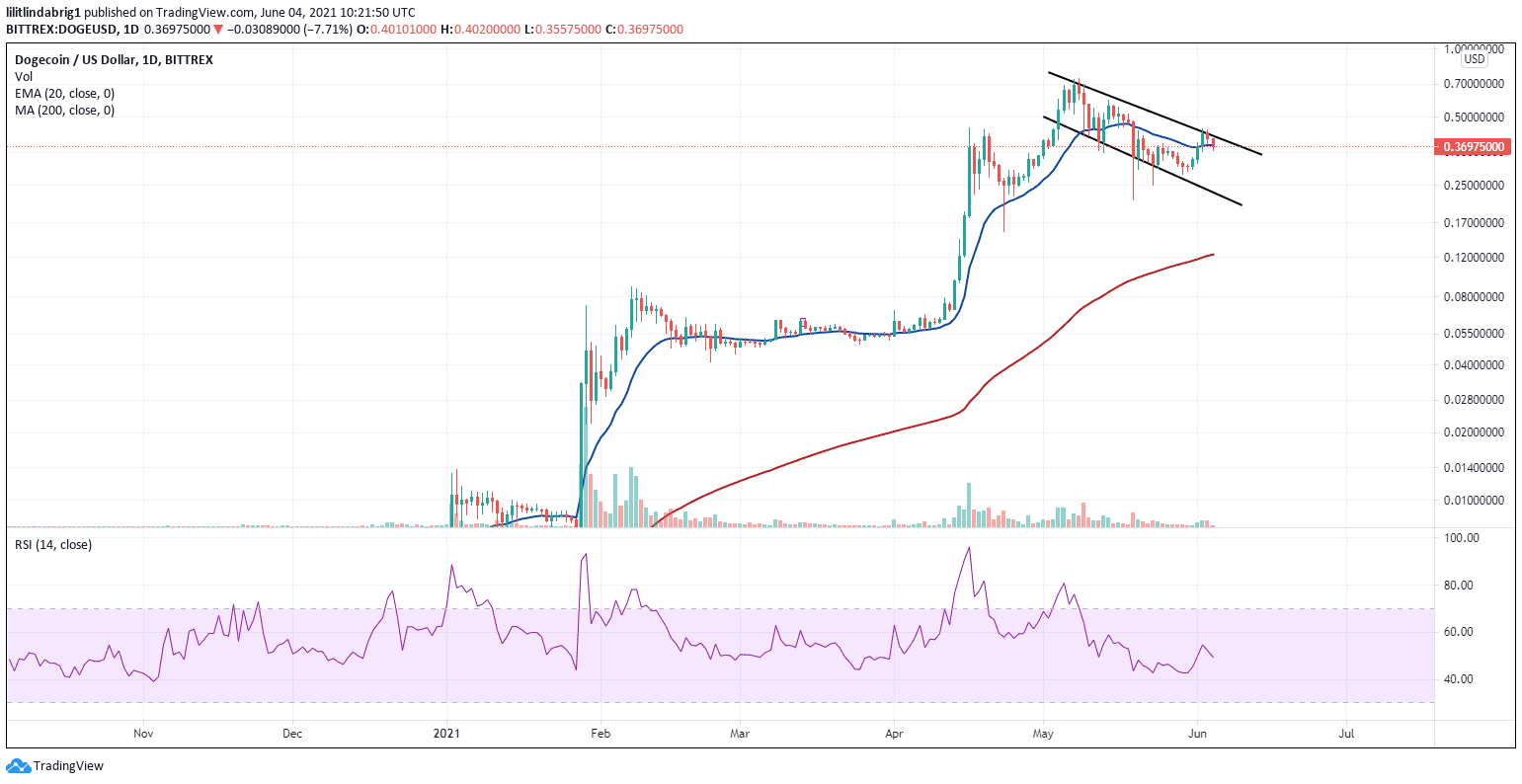 Doge traded at $0.36, after a Elon Musk's tweet on Bitcoin. Source: DOGEUSD on Tradingview.com