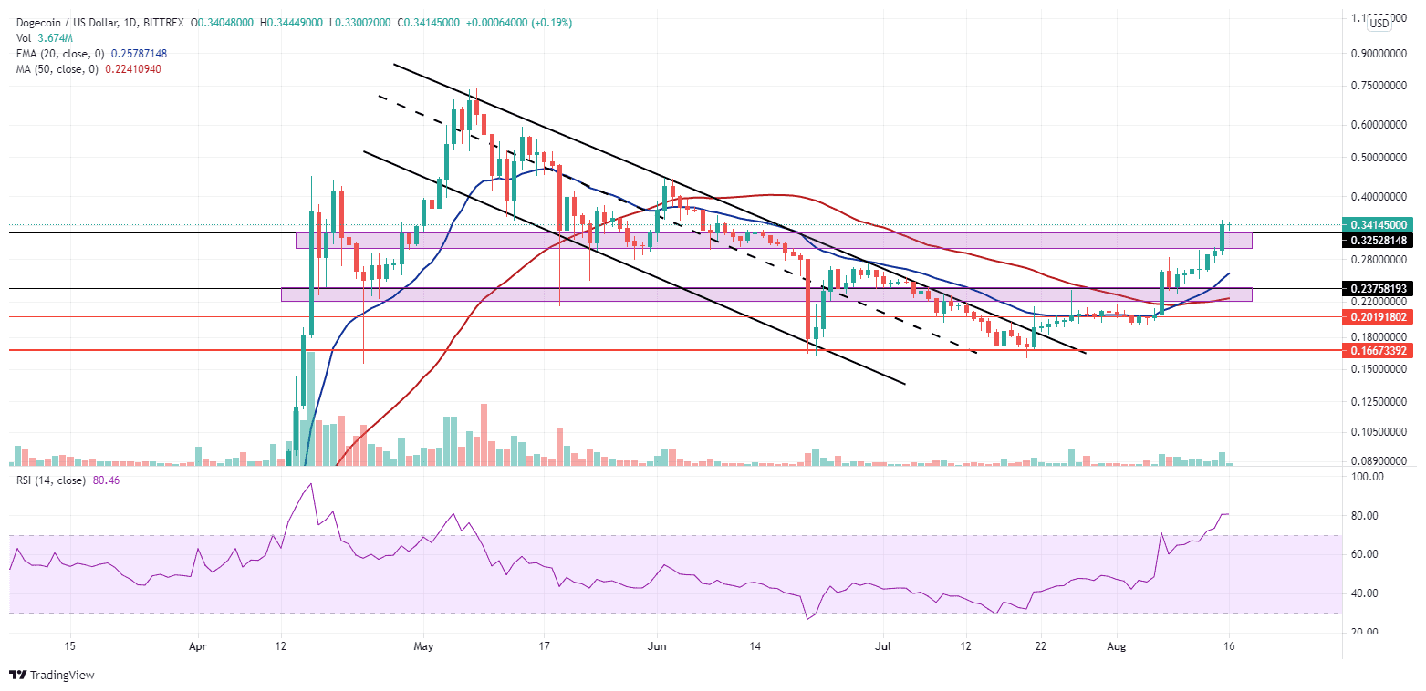 Dogecoin on a 34% rally. Source: DOGEUSD on TradingView.com
