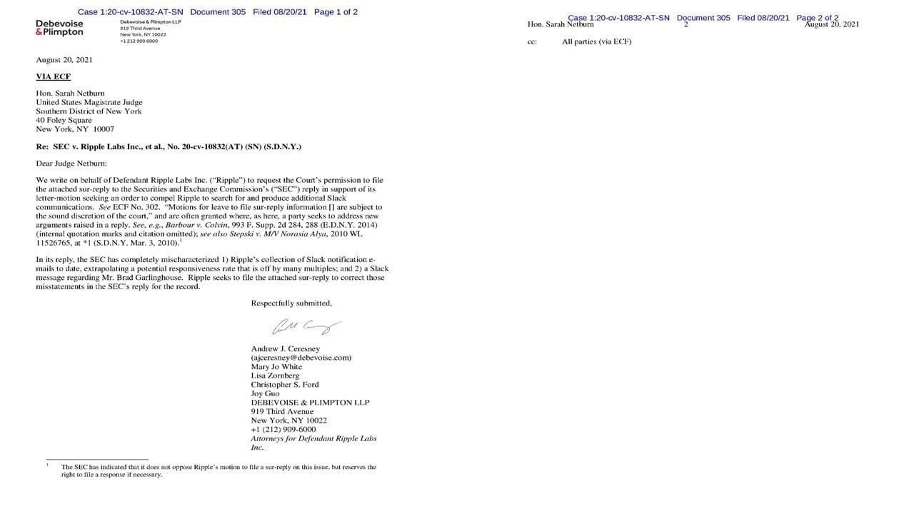 Ripple's legal team has now approached the court requesting permission to file a sur-reply to the SEC, alleging misrepresentation and false information. 