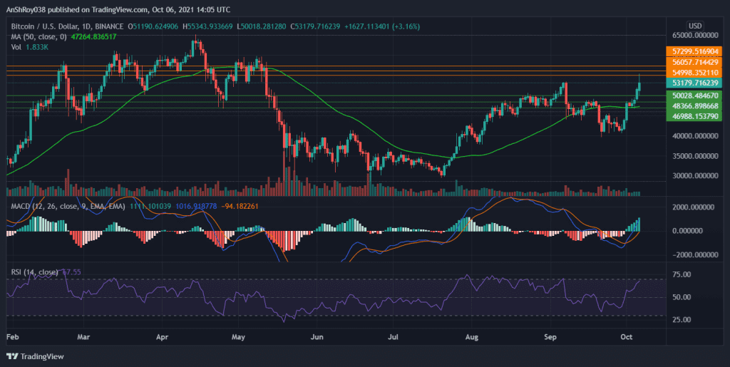 MACD continues to be bullish, but RSI is nearing overbought regions. Source:  BTCUSD on Tradingview.com 