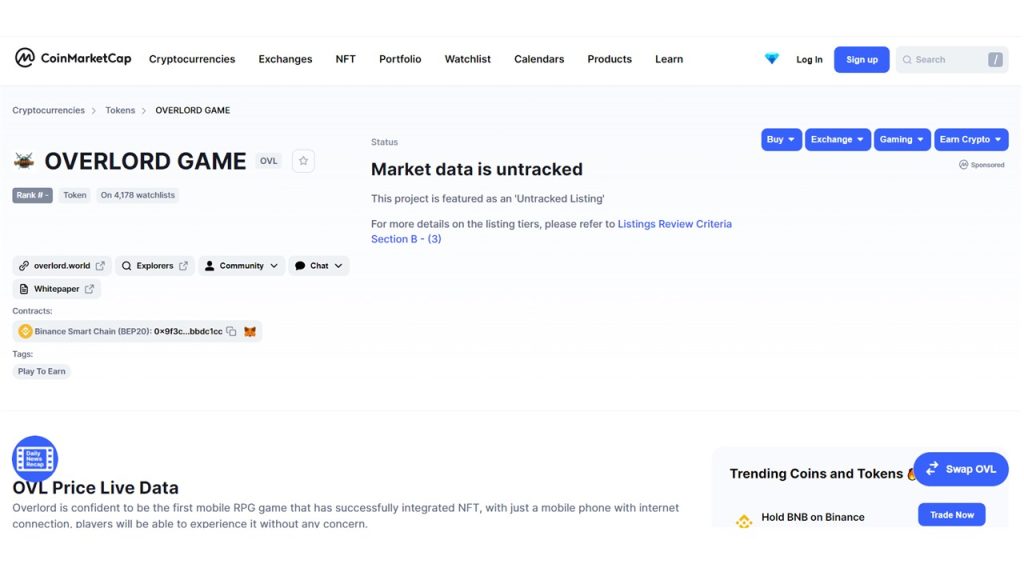 CoinMarketCap does not track Overlord Game's OVL token anymore.