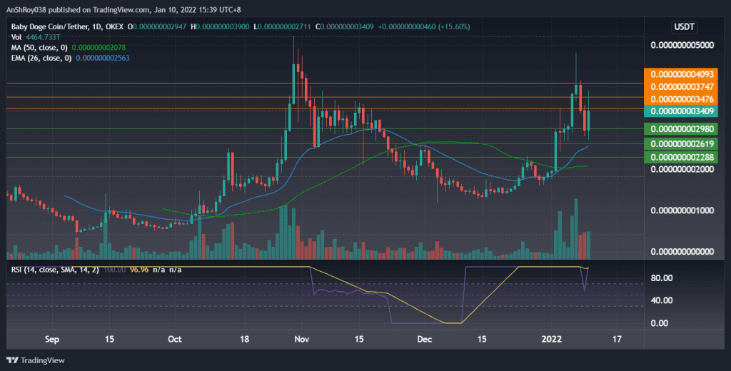 BABYDOGE token on the daily charts with RSI