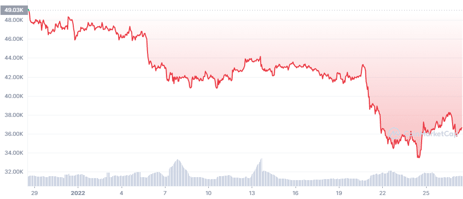 BTCUSD price movement over the last 30 days. Source: CoinMarketCap.com