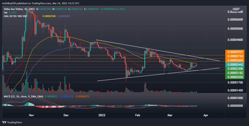 SHIBUSDT on daily charts with a symmetrical triangle and MACD. Source: Tradingview.com