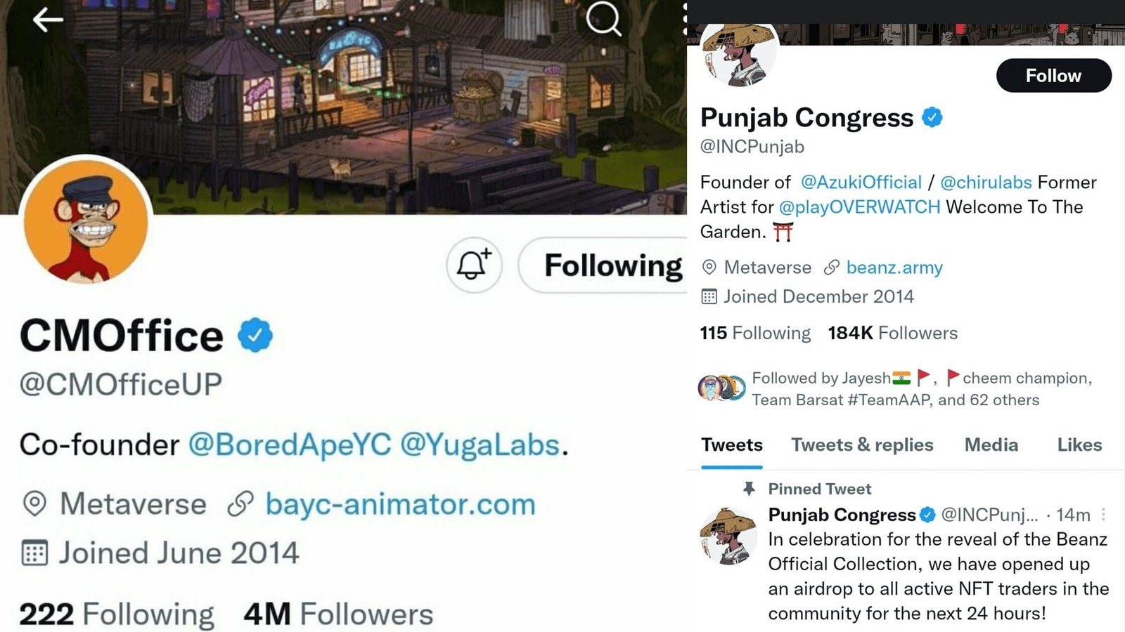 Several Indian official Twitter accounts, including that of UP Chief Minister Yogi Adityanath were hacked to promote NFTs from Azuki project.