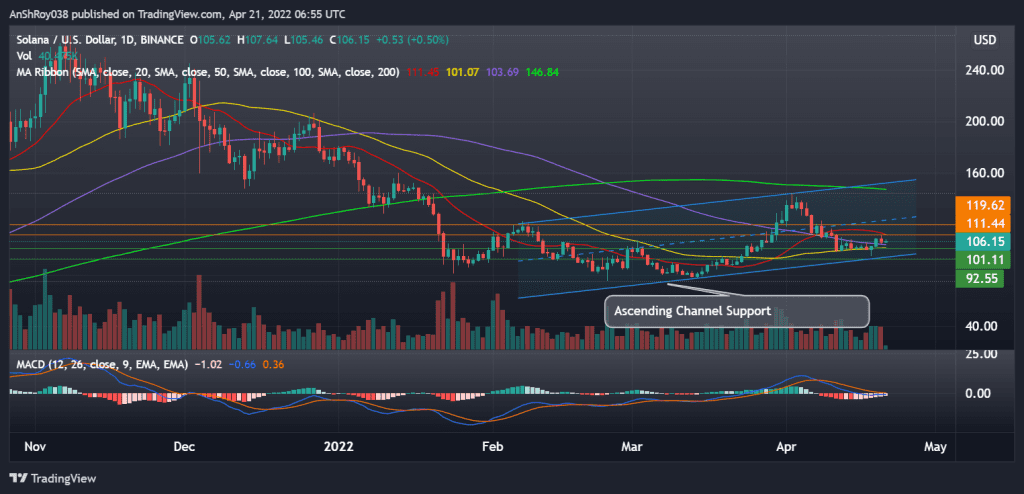 SOLUSD daily chart with MACD and ascending channel. Source: Tradingview.com