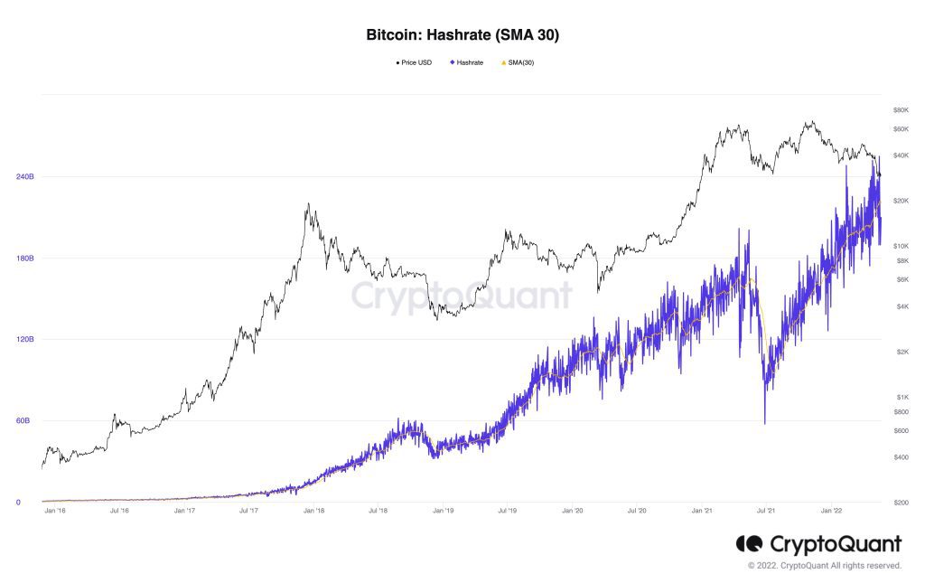 Bitcoin mining hashrate increased by 75% since Nov. 2021. Source: CryptoQuant.com 