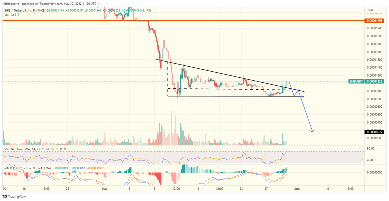 Shiba Inu (SHIB) four hour chart, featuring a descending tirangle. Source TradingView.com 