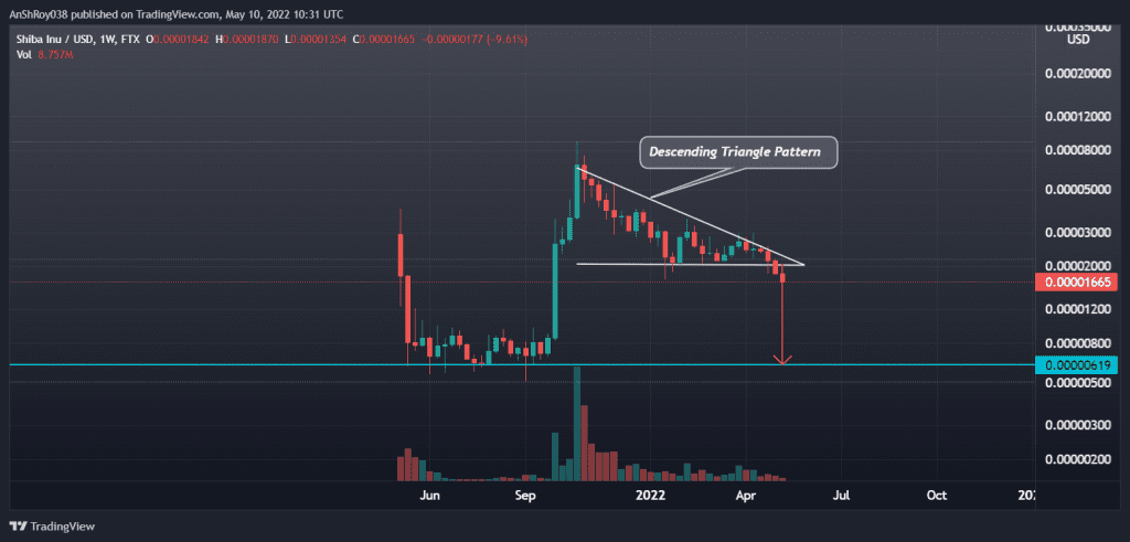 Shiba Inu prices broke below a descending triangle pattern with a -65% price target. Source: Tradingview.com
