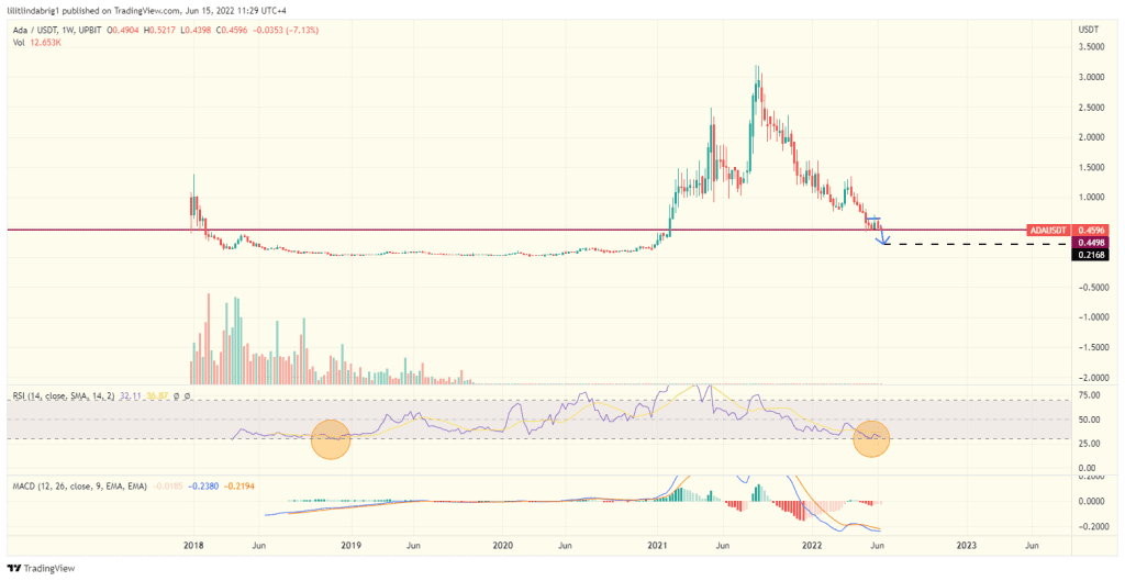 Cardano (ADA) weekly chart, featuring an oversold RSI. Source: TradingView.com