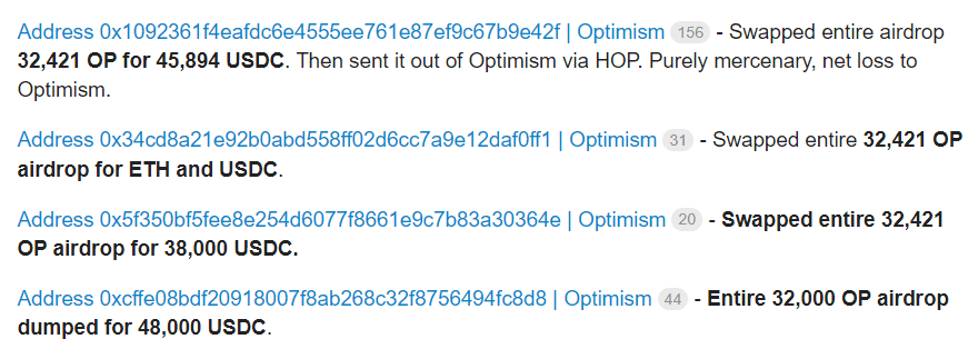 Optimism addresses that received and dumped more than 32,000 OP tokens. Source: Optimism governance forum.