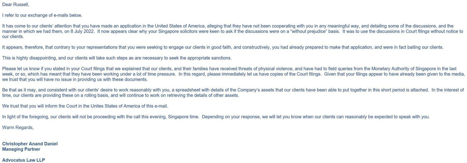 One of the emails which Three Arrows Capital co-founder Zhu shared on Twitter.