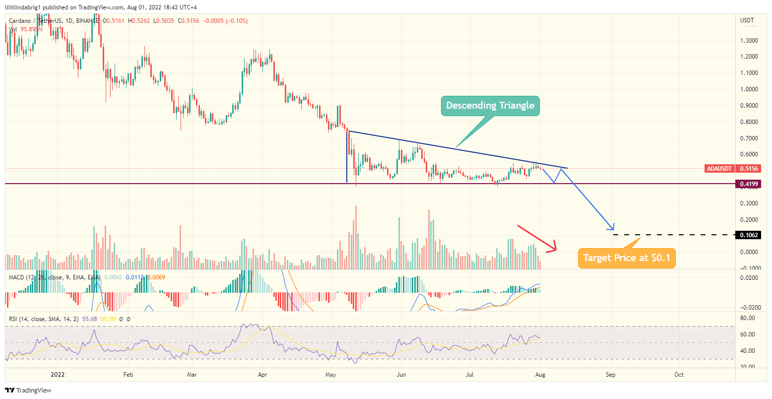 Cardano (ADA) daily chart featuring a Descending Triangle. Source: TradingView.com 