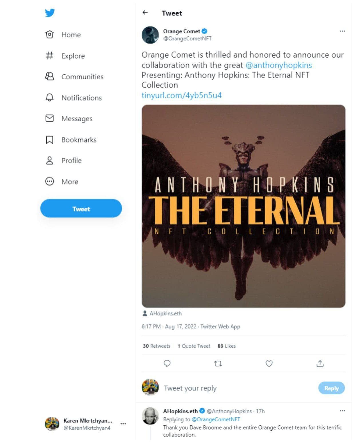 Orange Comet will launch "The Eternal NFT Collection" of Holywood Actor Anthony Hopkins.