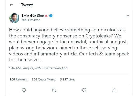 Avalanche (AVAX) CEO Emin Sier denounced the allegations