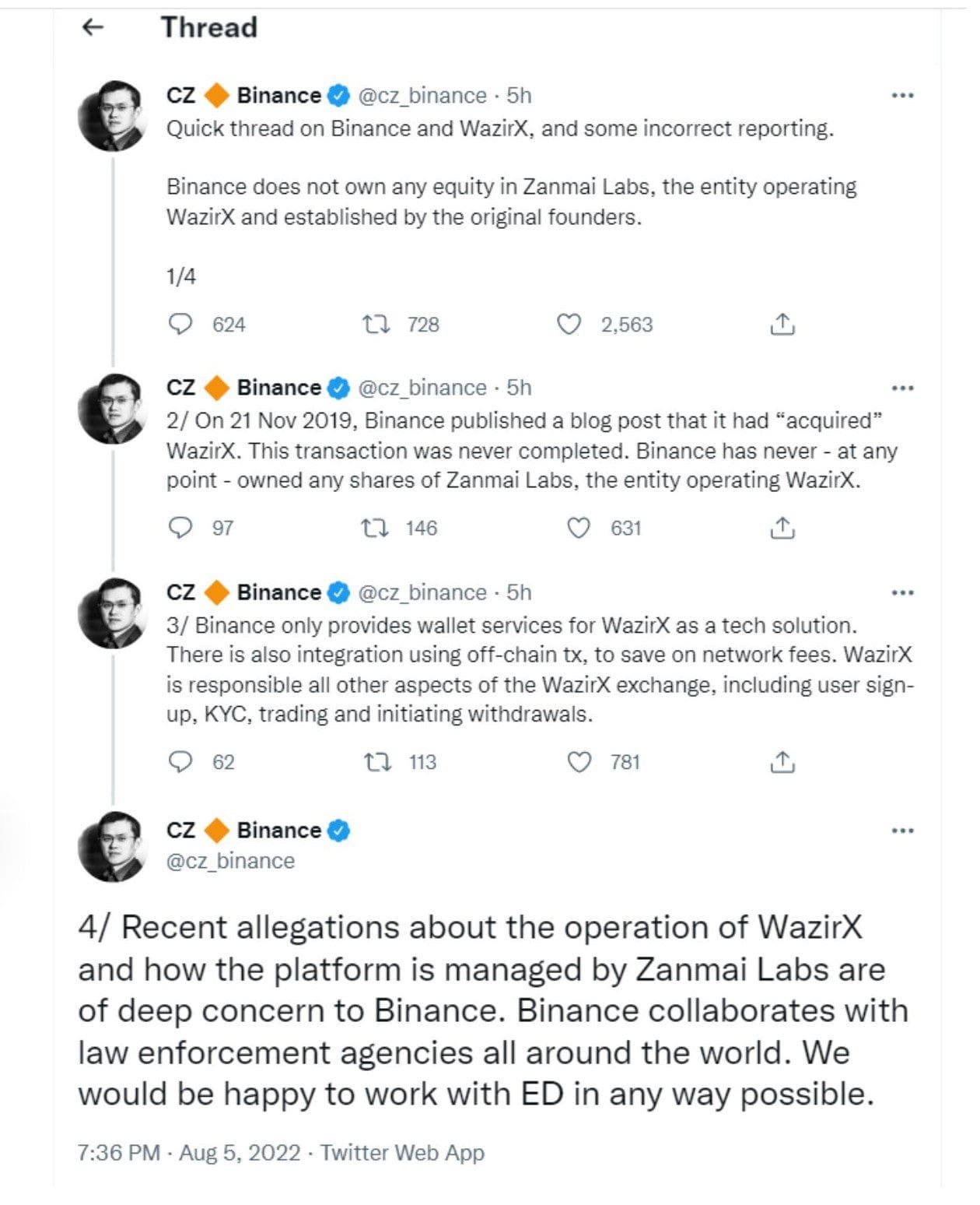 Despite the company having announced purchasing WazirX, Changpeng Zhao claimed he wanted to clarify some "incorrect reporting."