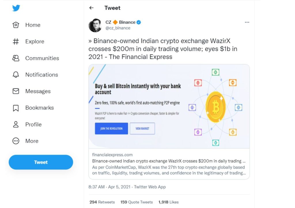 Binance doesn't own Indian crypto exchange WazirX