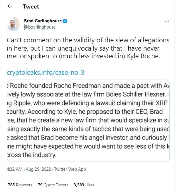 Ripple (XRP) CEO Brad Garlinghouse denied CryptoLeaks allegations.