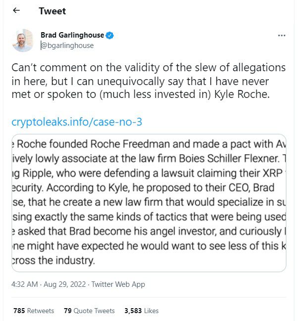  Ripple (XRP) CEO Brad Garlinghouse denied CryptoLeaks allegations.