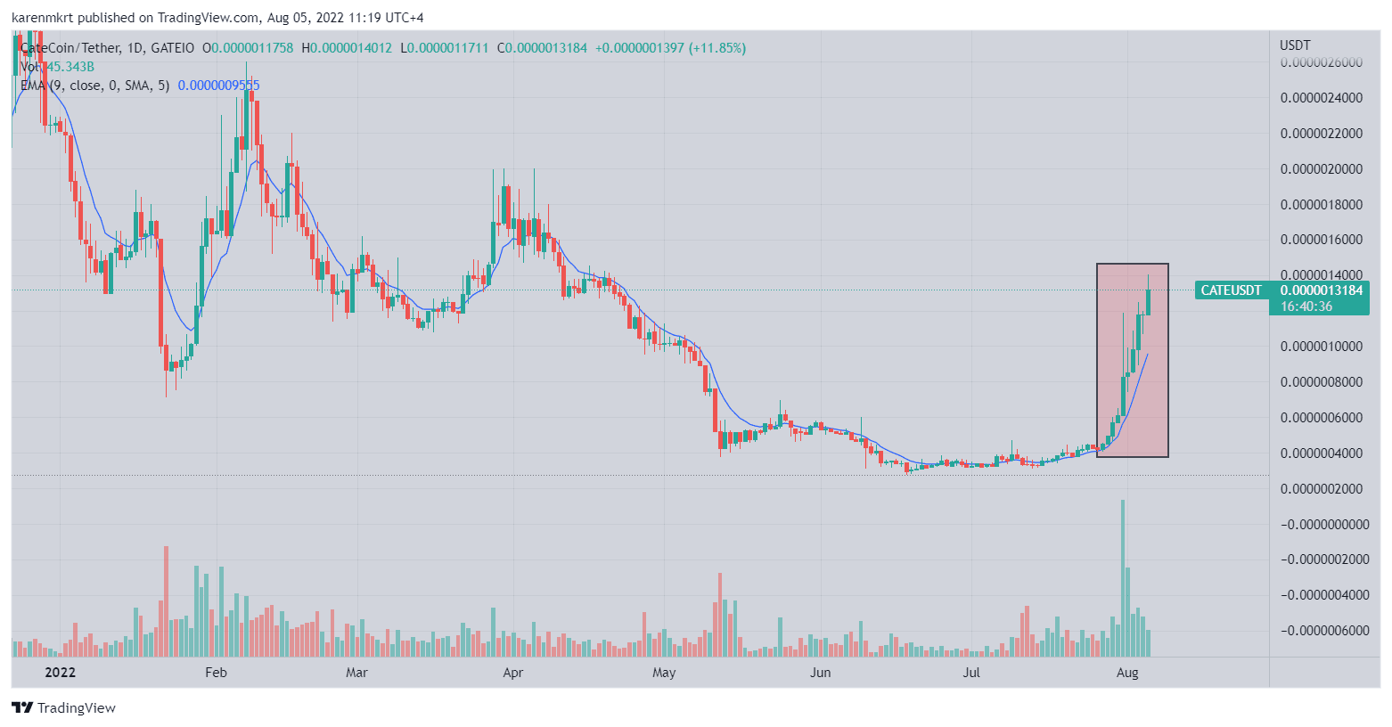 Catecoin (CATE) price pumps 170% in 7 days