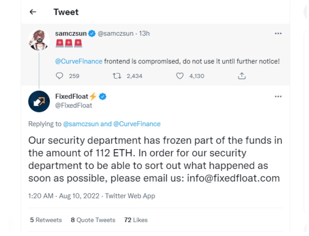 Cryptocurrency Exchange Fixed Float froze part of the stolen funds from Curve Finance.