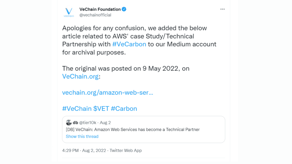 VeChain acknowledged, that the post about AWS partnership is old news