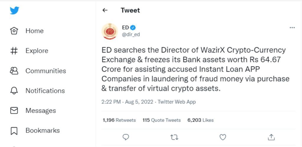 Enforcement Directorate (ED) freezes WazirX bank assets