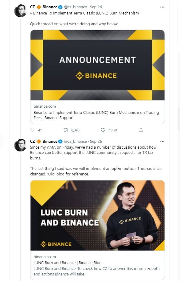 Binance will implement a Terra Classic (LUNC) burn mechanism.