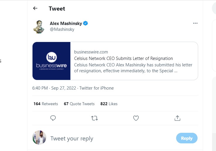 Alex Mashinksy posted about his resignation on Twitter.