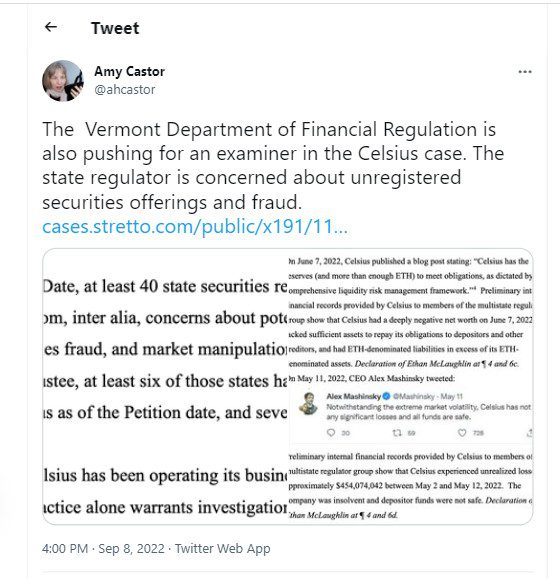 Celsius Network, Celsius Network, the bankrupt crypto lender, accused by Vermont financial regulator of misleading investors