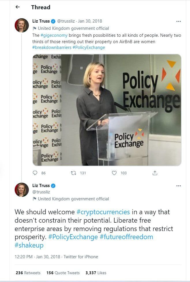 The new UK PM supports cryptocurrencies like Bitcoin (BTC).