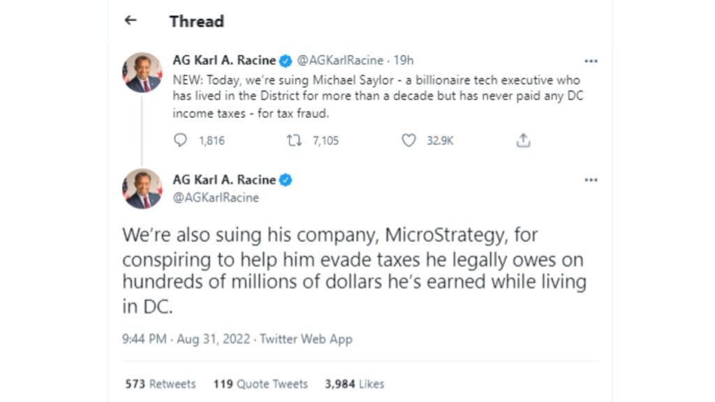 Karl A. Racine, the Attorney General for the District of Columbia, announced the lawsuit against Michael Saylor on his official Twitter handle.