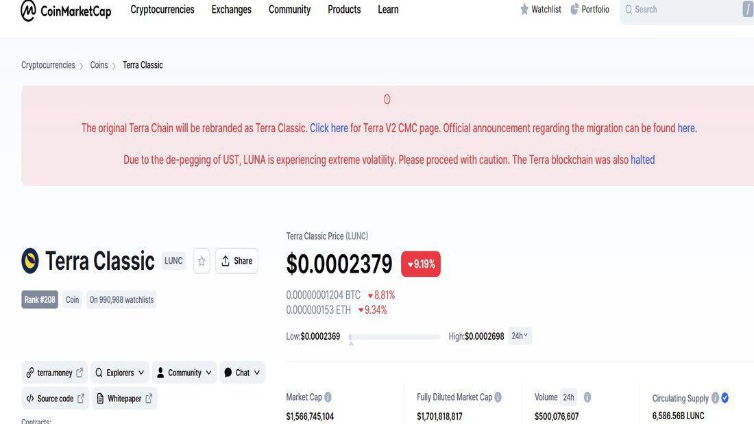LUNC is still extremely volatile, warns CoinMarketCap.com
