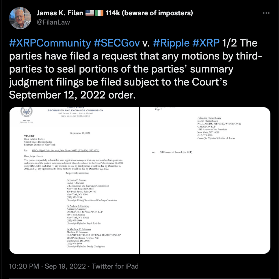 Screenshot of James K. Filan's viral tweet on SEC vs. Ripple update. Source: Twitter 
