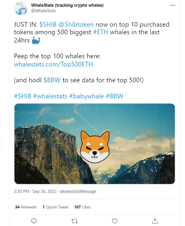 Shiba Inu is back as a favorite among Ethereum Whales. Credit: Twitter