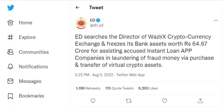 The Enforcement Directorate (ED) of India is investigating WazirX.
