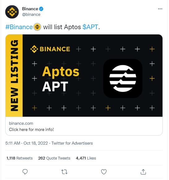 Binance will list Aptos APT token