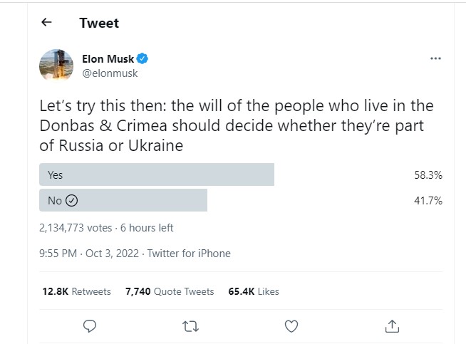 ElonMusk asked Ukraine to agree to cease Donbas and Crimea to Russia.  
