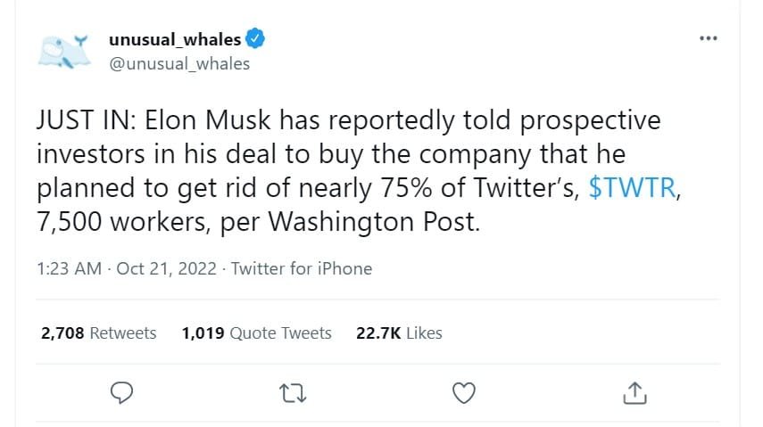 Elon Musk to sack 75% of Twitter's workforce. 