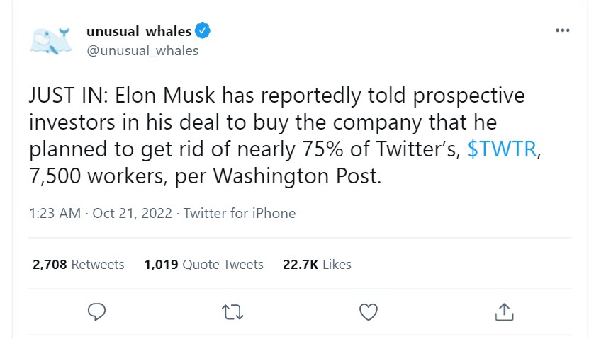 Elon Musk to sack 75% of Twitter's workforce. 